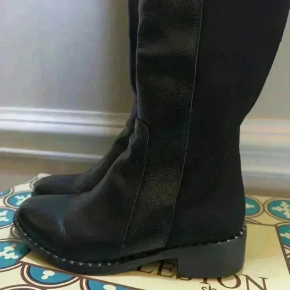 Charleston Shoe Co. Black Learher Soho Boots W/ Weitzman Studded Gold Accent 6 - Picture 8 of 13